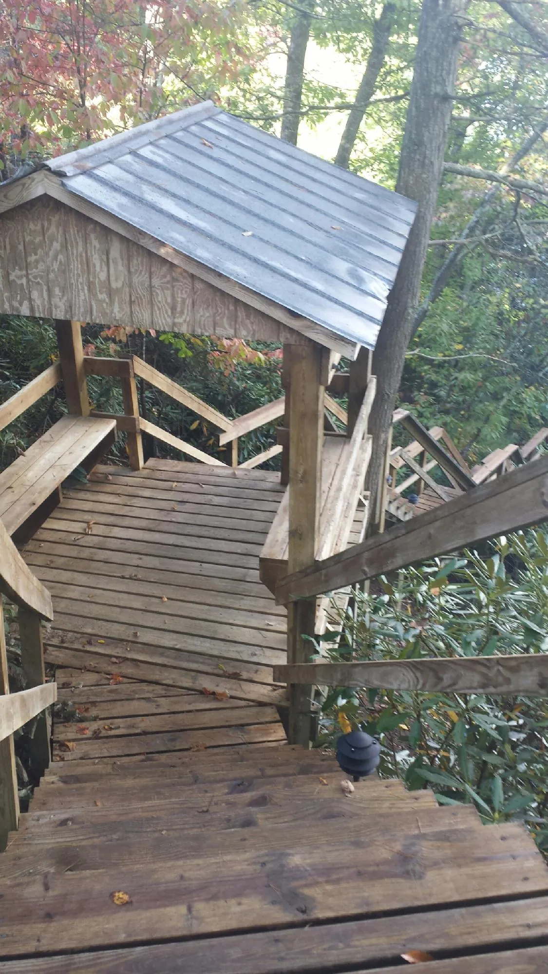 Metal roofed shelter over wooden steps on a wooded walkway — Skylight Repair & Installation work by our crew in Rumsey