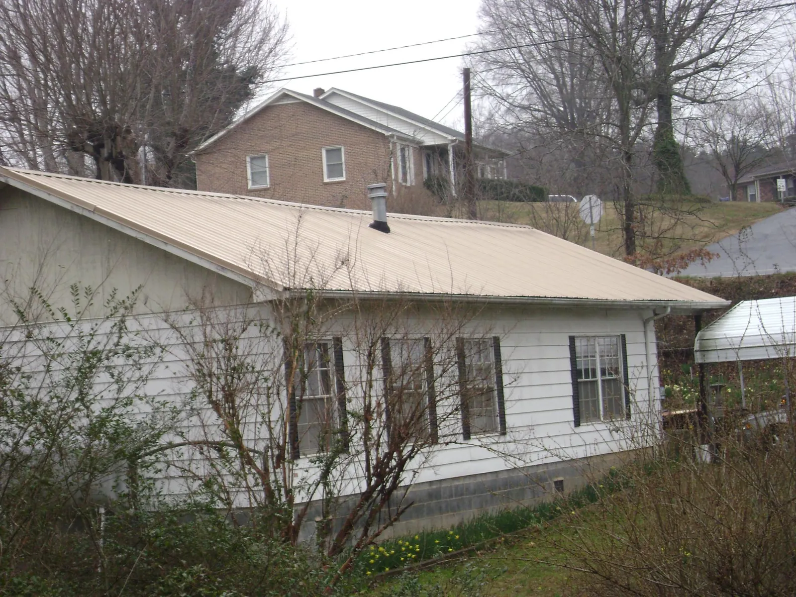 Tan metal roof on a white sided house set into a hillside — Commercial Roofing by Roofing Brothers in Rumsey